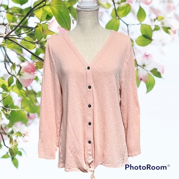 Loft Pink Button down Slub Knit Long Sleeve tie Top - Picture 1 of 6